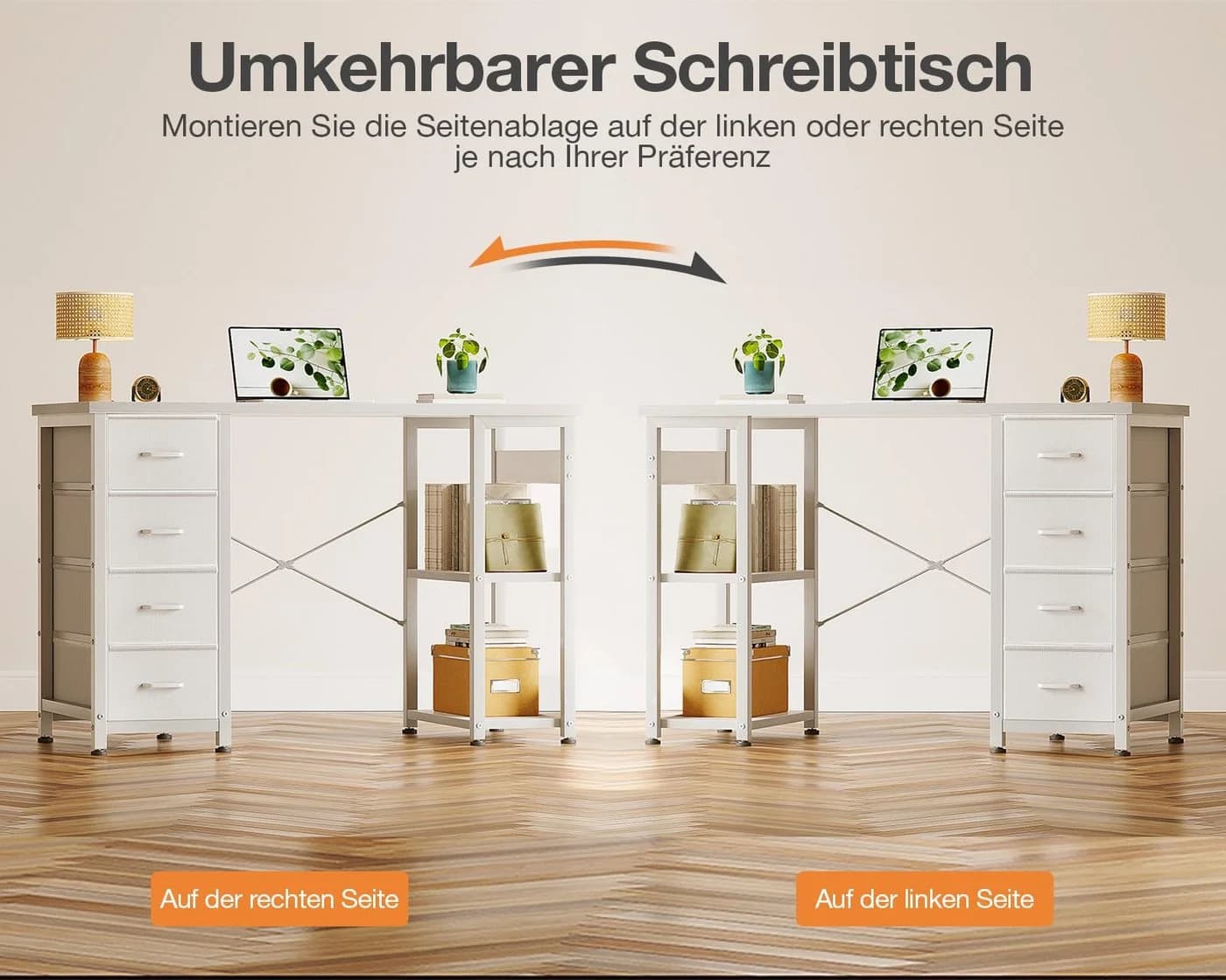 ODK Schreibtisch 100cm Weiß mit 4 Schubladen und Regalen - Bild 5