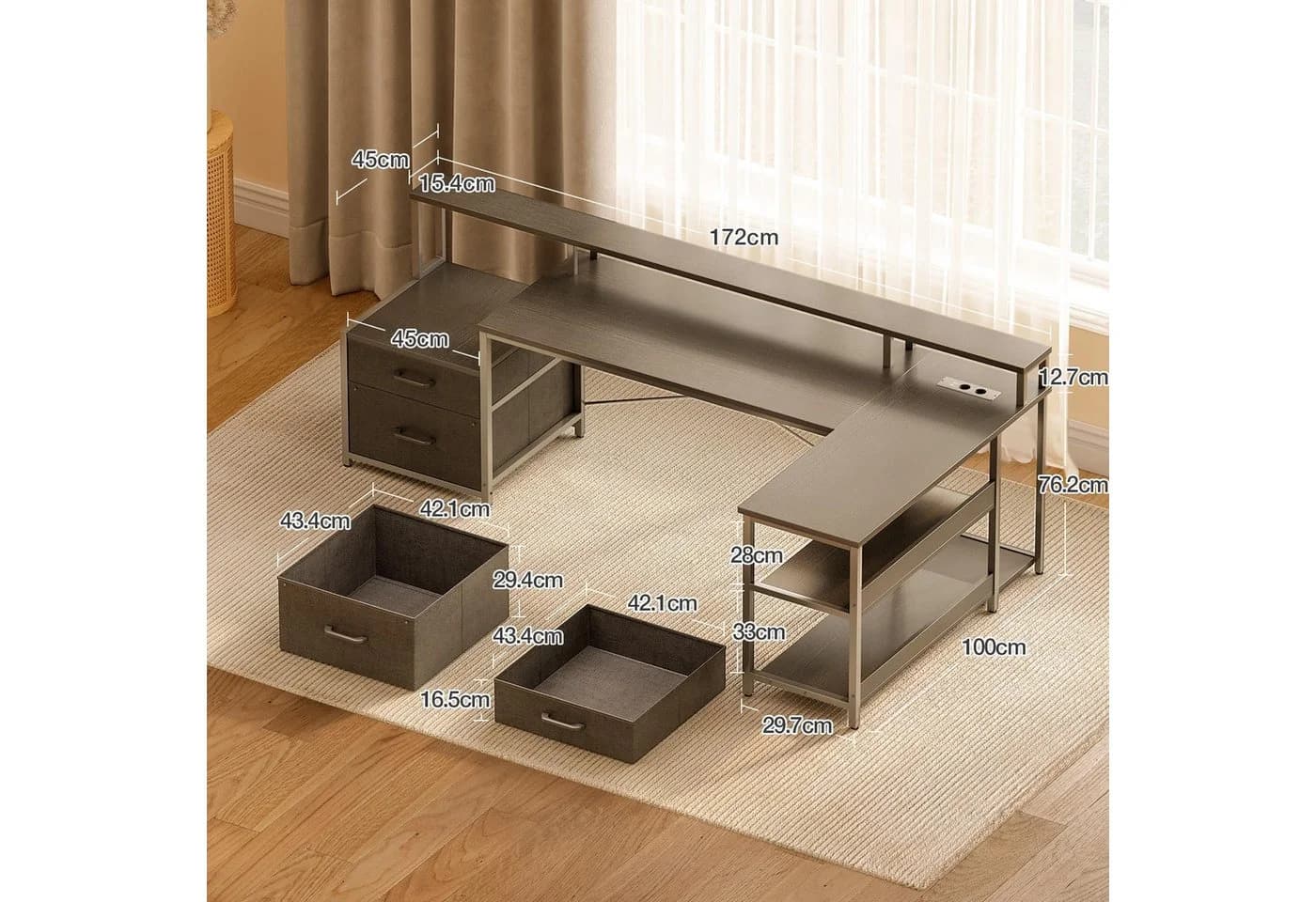 ODK U-Form Schreibtisch Schwarz mit Steckdosen & USB