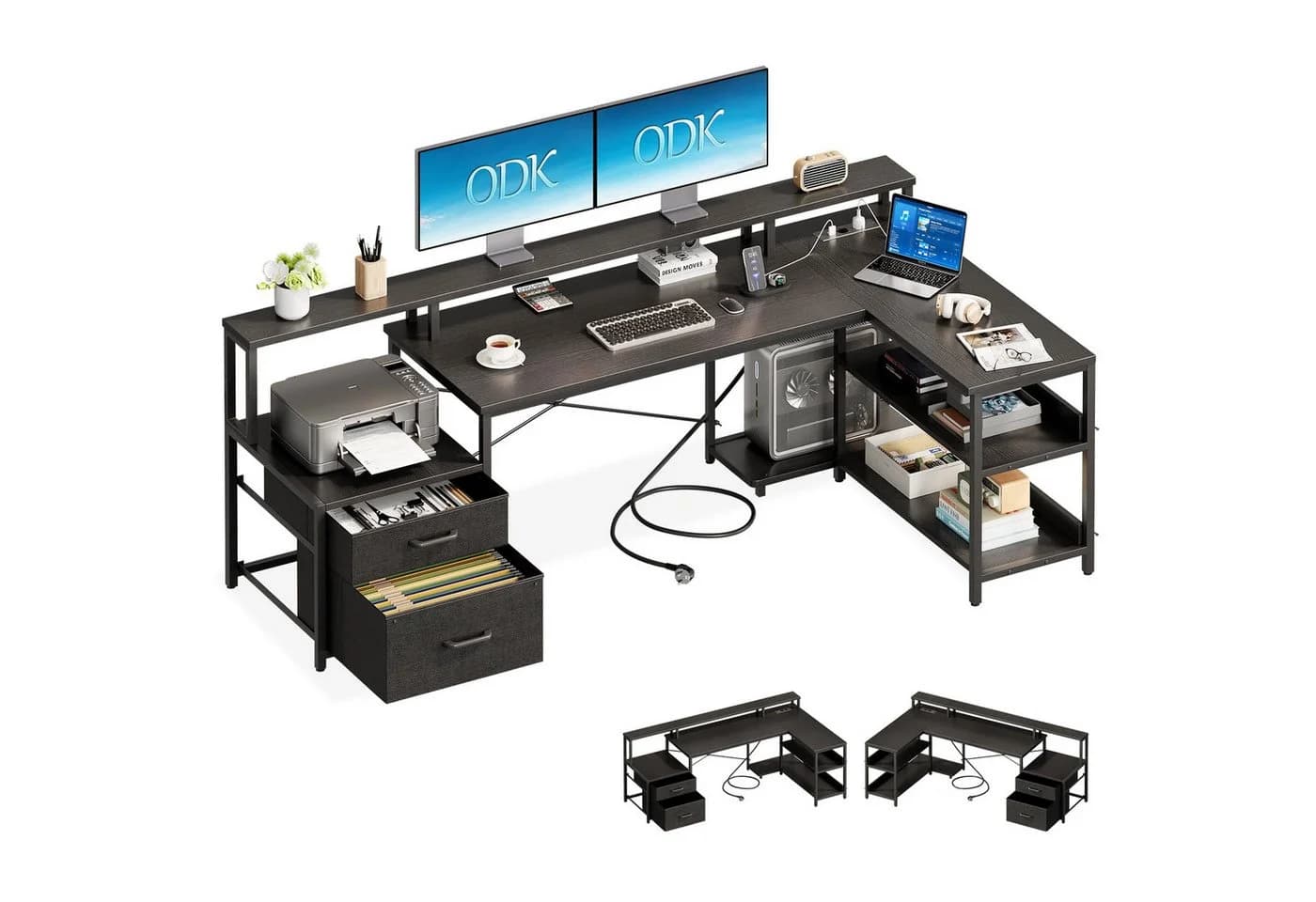 ODK U-Form Schreibtisch Schwarz mit Steckdosen & USB - Bild 3