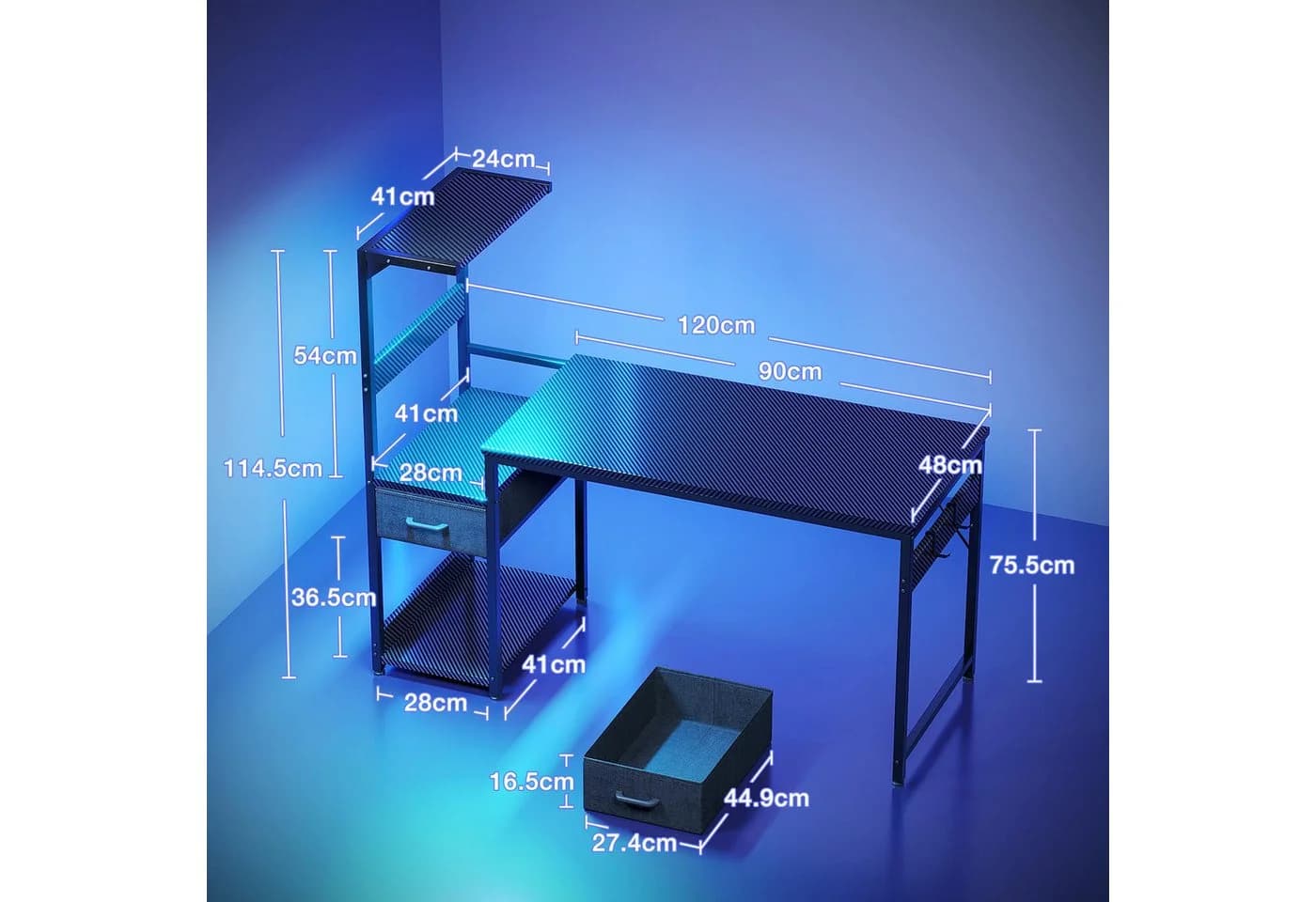 ODK Gamingtisch mit LED-Beleuchtung, Regal & Schublade in Carbon-Optik Schwarz