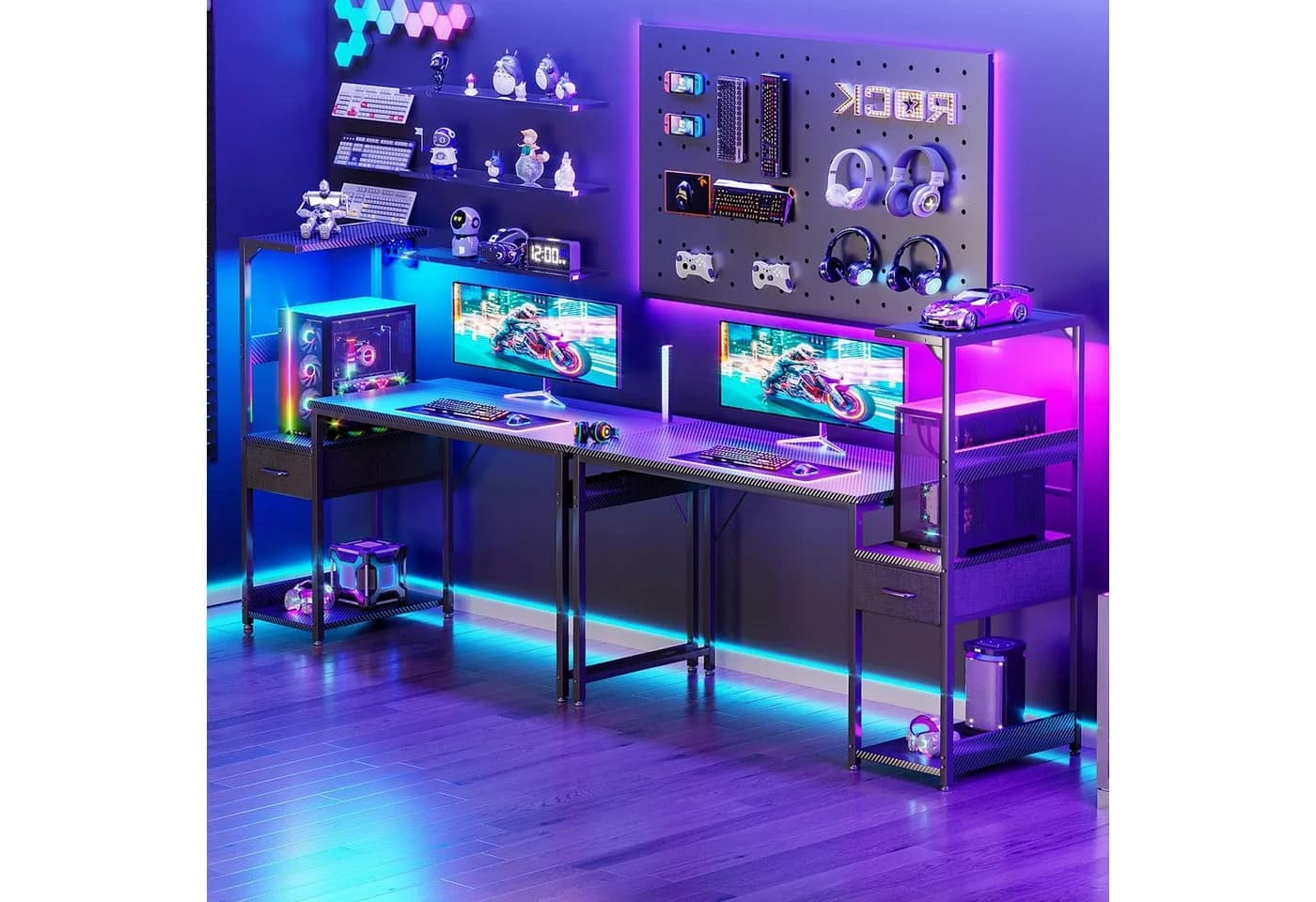ODK Gamingtisch mit LED-Beleuchtung, Regal & Schublade in Carbon-Optik Schwarz - Bild 5