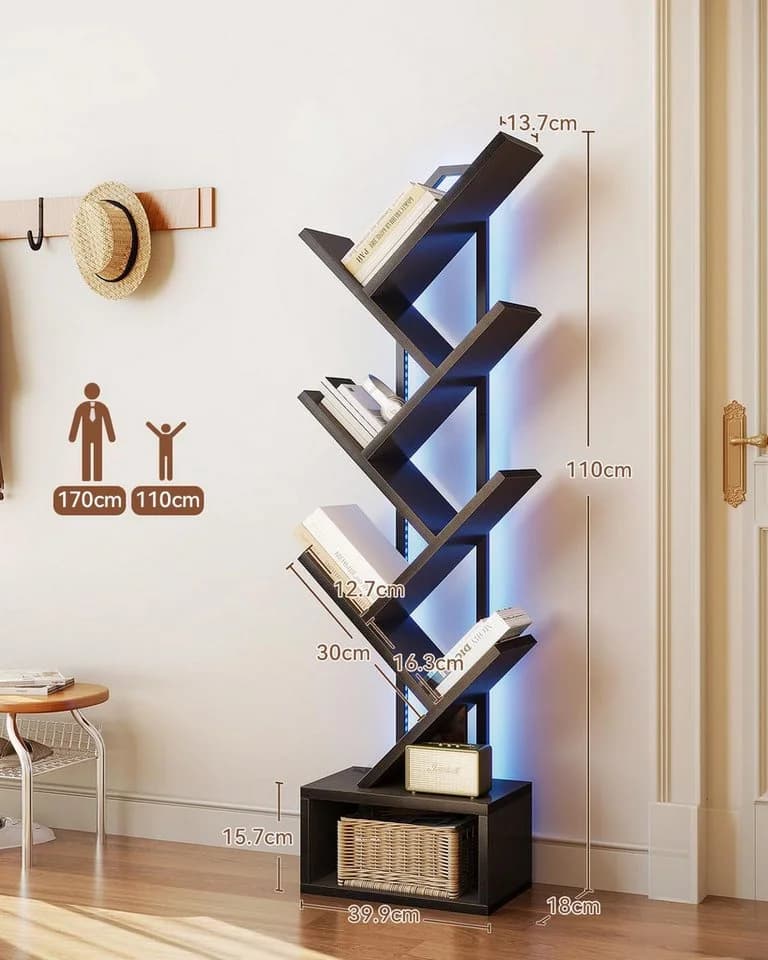 ODK Bücherregal Baumform Schwarz/Weiß mit LED-Licht