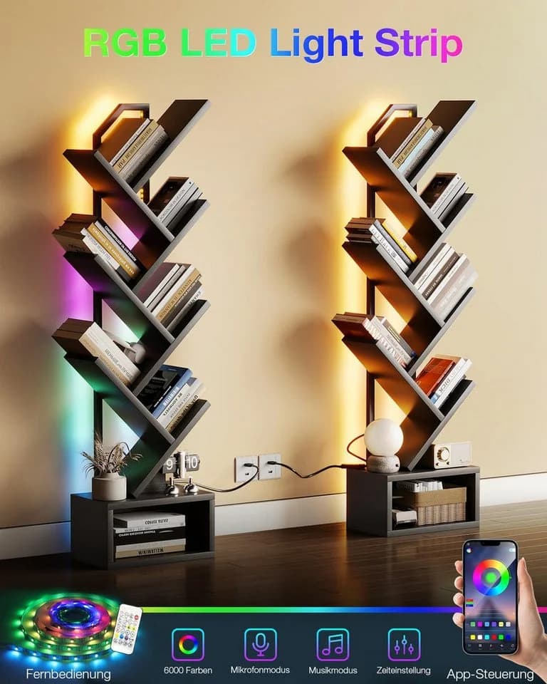ODK Bücherregal Baumform Schwarz/Weiß mit LED-Licht - Bild 4