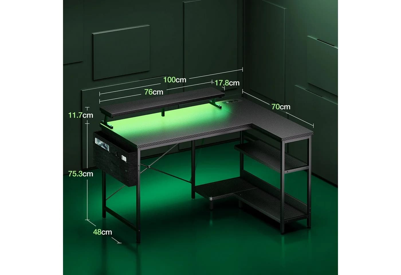 ODK Gamingtisch L Form Schwarz mit LED-Beleuchtung