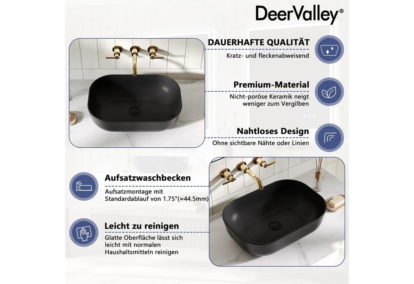 DeerValley Oval-Aufsatzbecken Schwarz Hochglanz Keramik - Bild 3