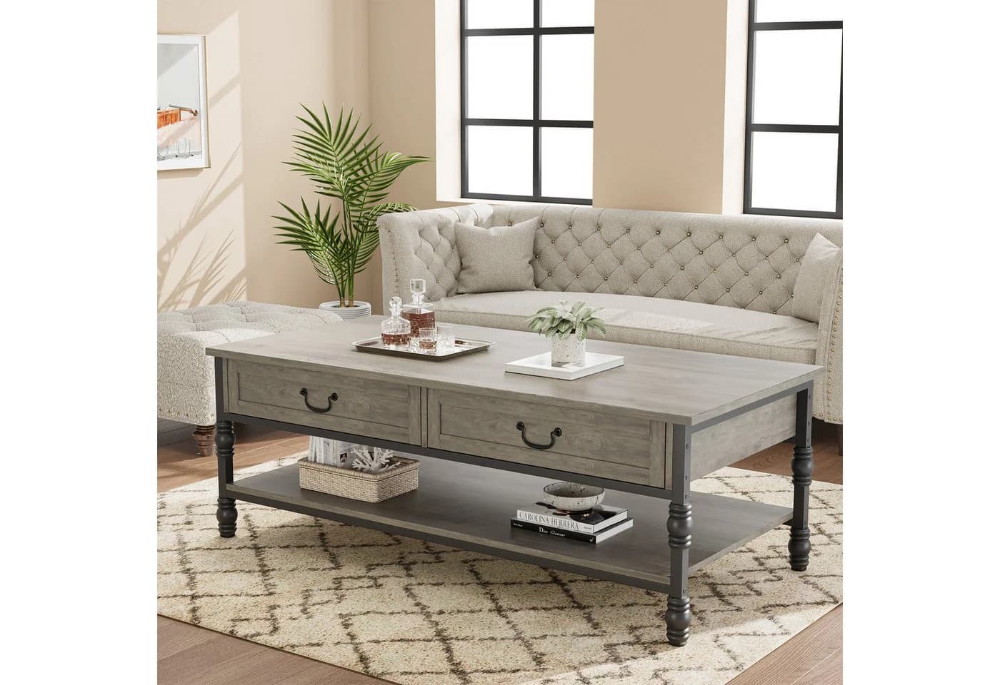 GarveeMore Couchtisch Grau mit 2 Schubladen und Vintage-Griffen