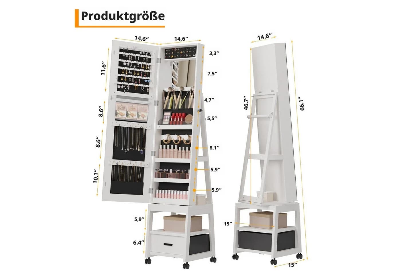 GarveeMore Schmuckschrank mit Ganzkörperspiegel & LED-Licht Weiß
