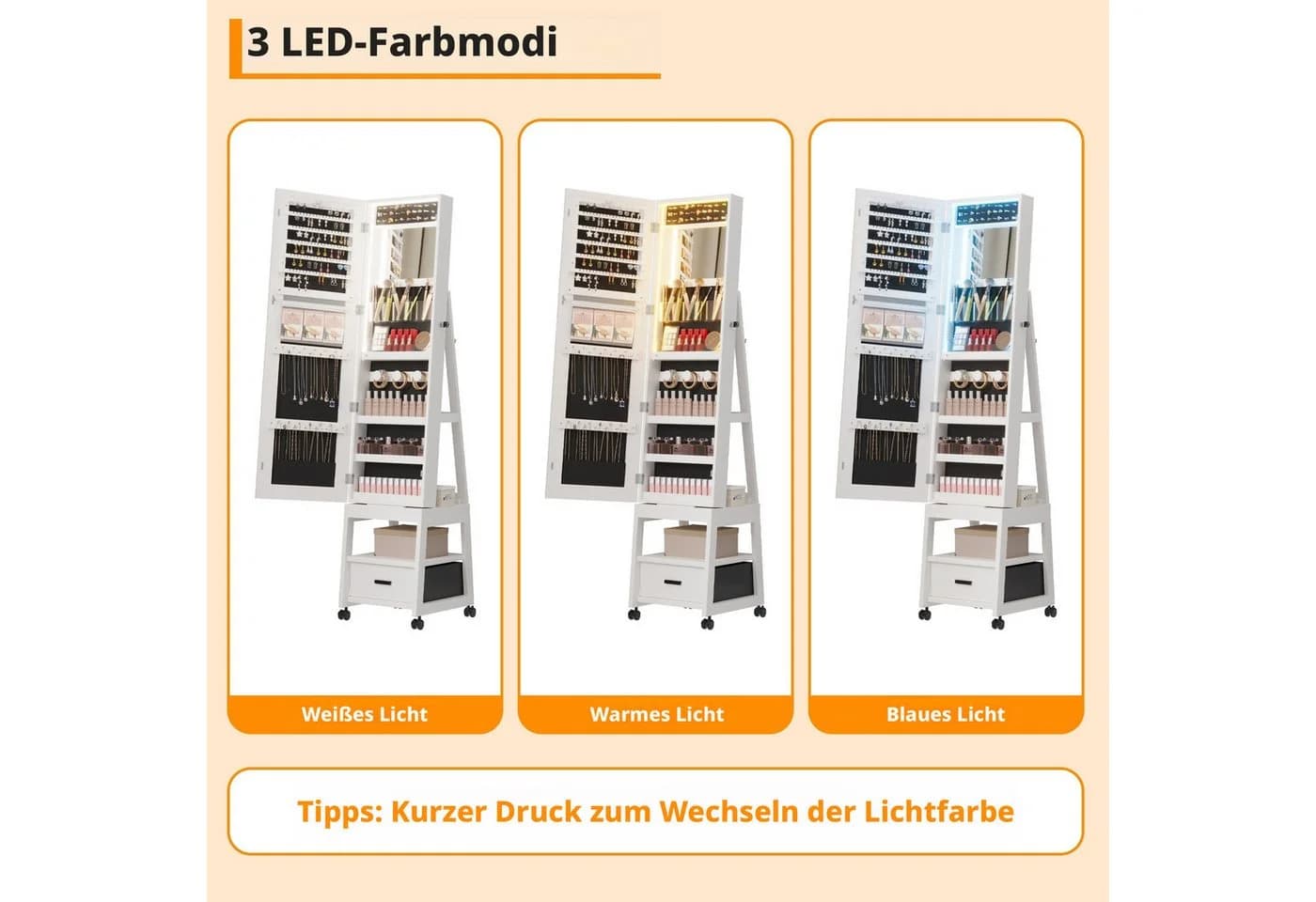 GarveeMore Schmuckschrank mit Ganzkörperspiegel & LED-Licht Weiß - Bild 4