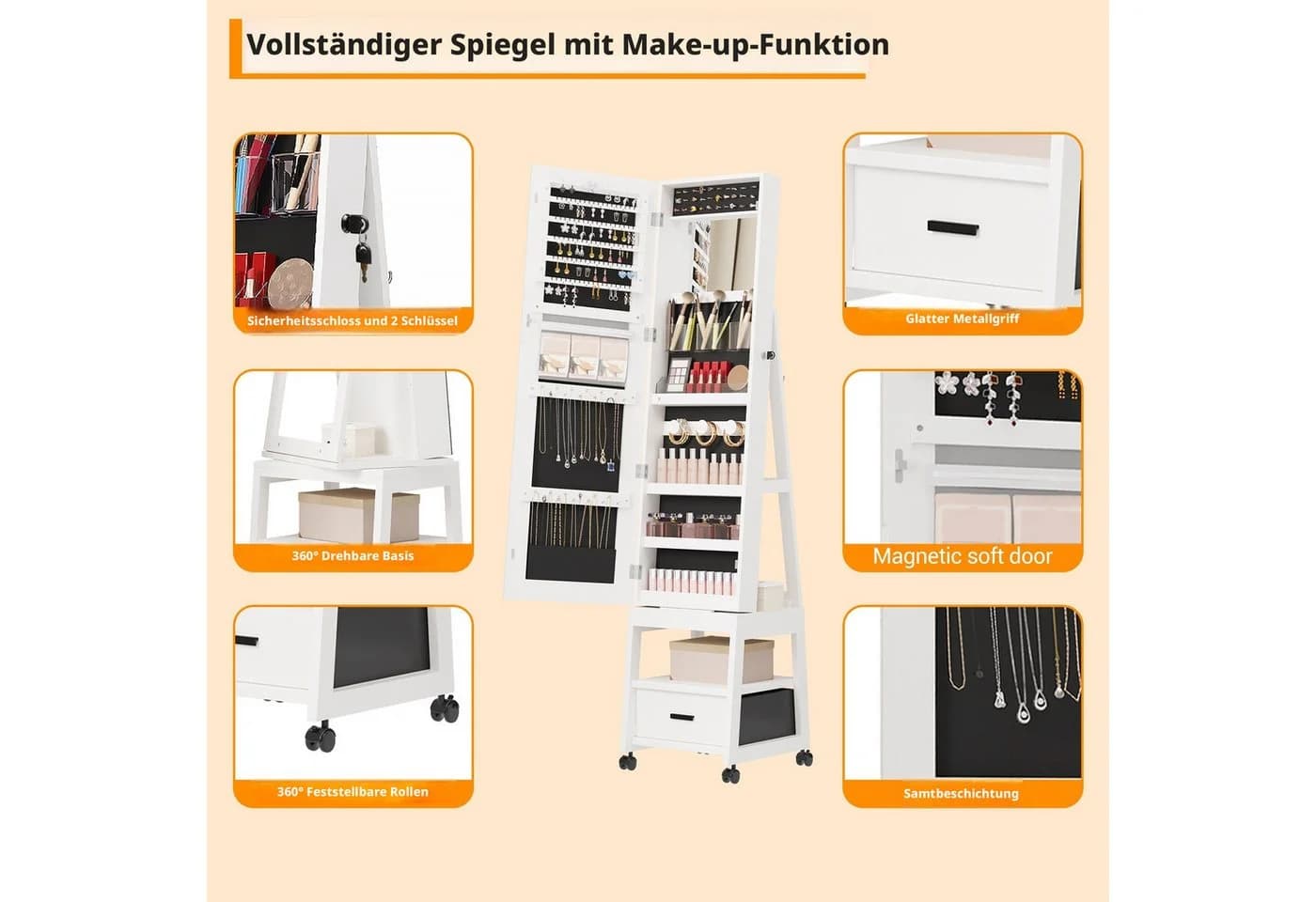 GarveeMore Schmuckschrank mit Ganzkörperspiegel & LED-Licht Weiß - Bild 5