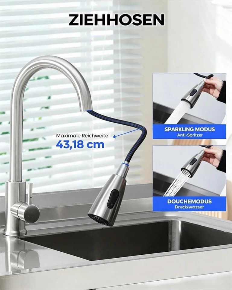 GarveeMore Edelstahl-Spülenblock mit Schublade & ausziehbarer Brause - Bild 3
