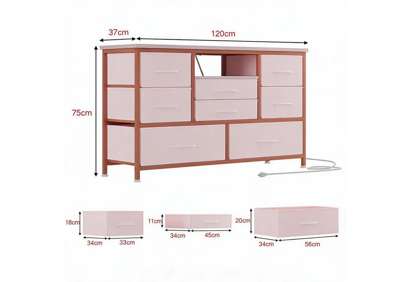 GarveeMore TV-Schrank Sideboard mit 8 Schubladen, RGB-LED & Steckdose Rosa