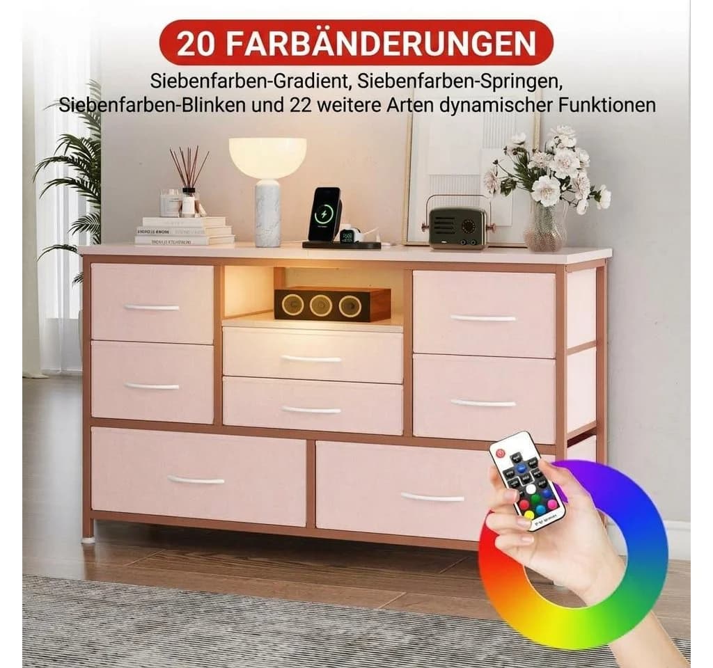 GarveeMore TV-Schrank Sideboard mit 8 Schubladen, RGB-LED & Steckdose Rosa - Bild 5