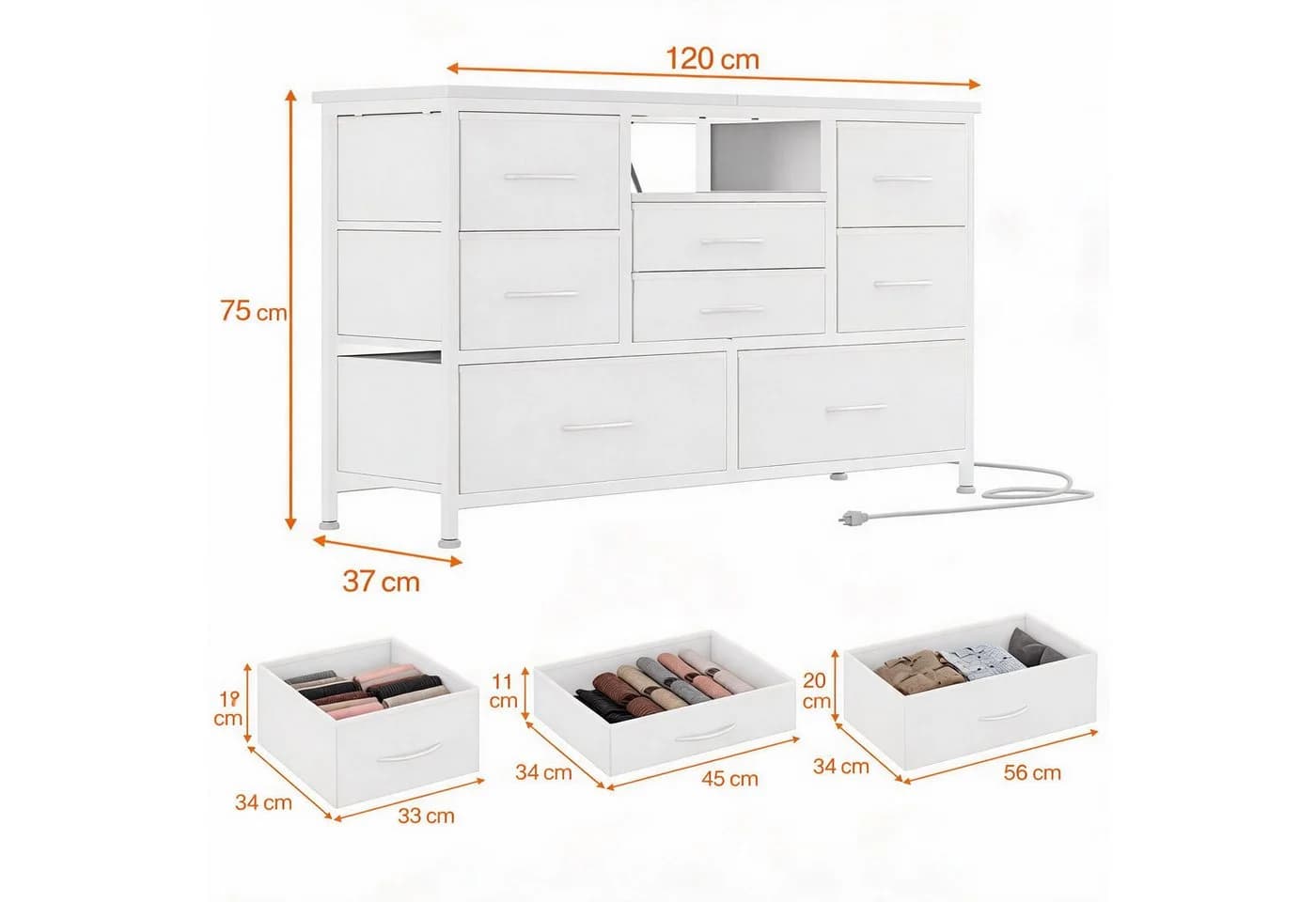 GarveeMore TV-Schrank Sideboard mit 8 Schubladen, LED & Steckdosen Weiß