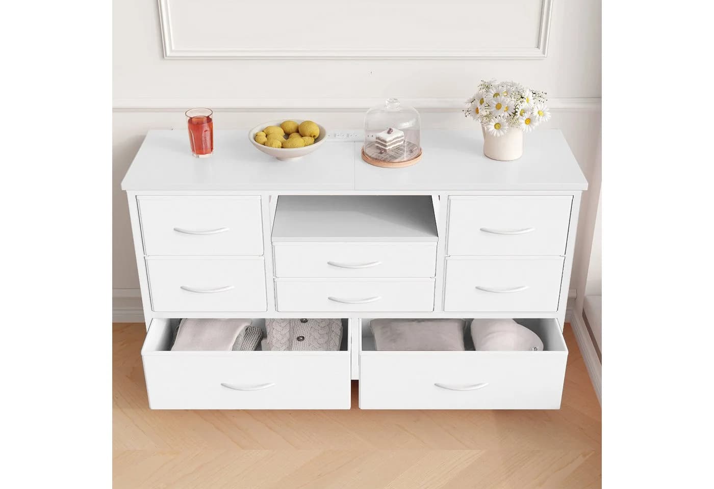GarveeMore TV-Schrank Sideboard mit 8 Schubladen, LED & Steckdosen Weiß - Bild 4