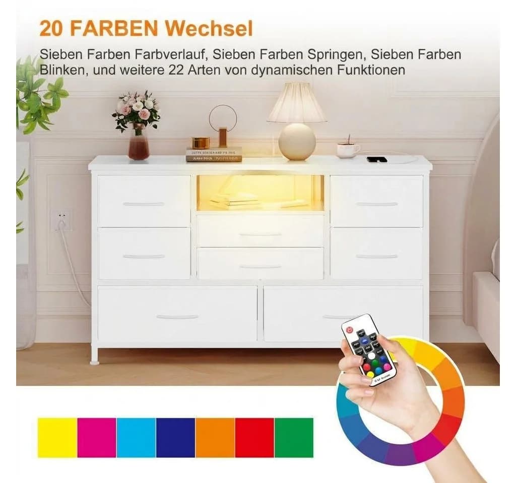 GarveeMore TV-Schrank Sideboard mit 8 Schubladen, LED & Steckdosen Weiß - Bild 5