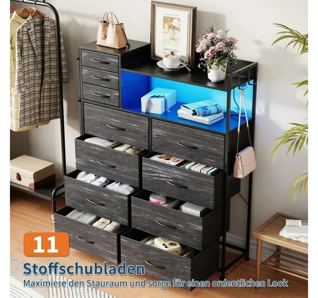 GarveeMore Kommode Schwarz mit 11 Schubladen, USB & LED - Bild 4