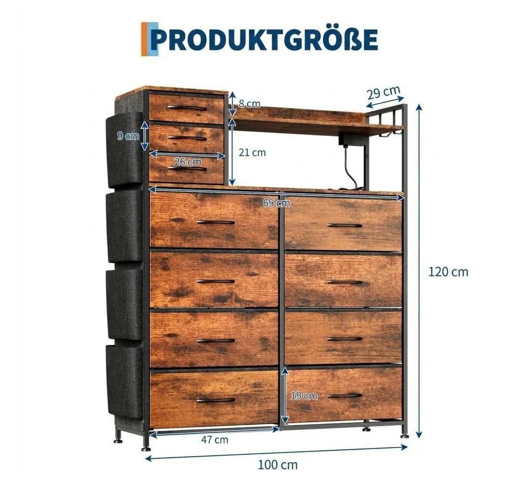 GarveeMore Kommode Highboard mit 11 Schubladen, USB & LED Braun