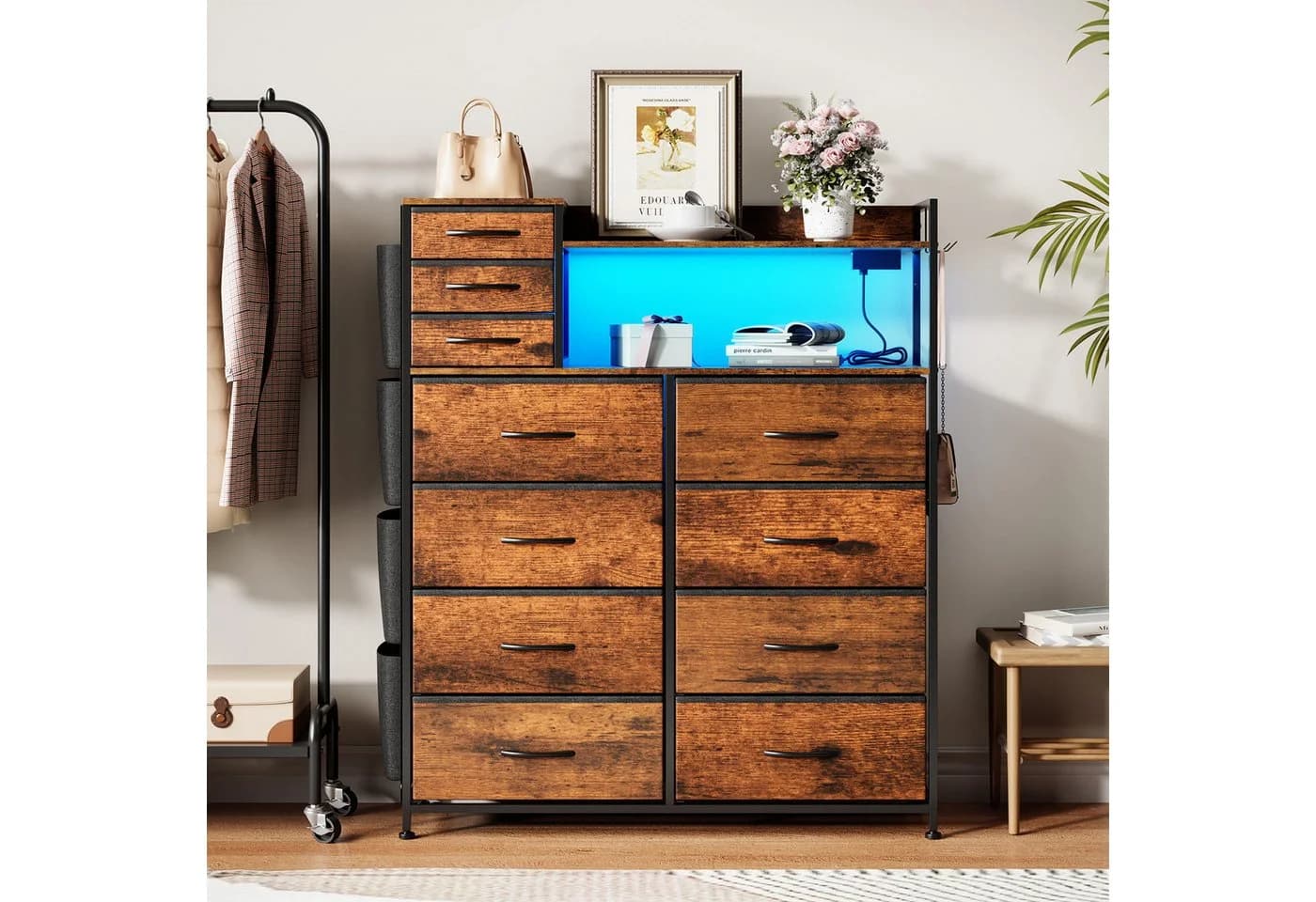 GarveeMore Kommode Highboard mit 11 Schubladen, USB & LED Braun - Bild 3