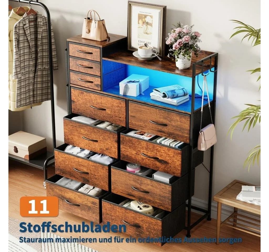 GarveeMore Kommode Highboard mit 11 Schubladen, USB & LED Braun - Bild 4