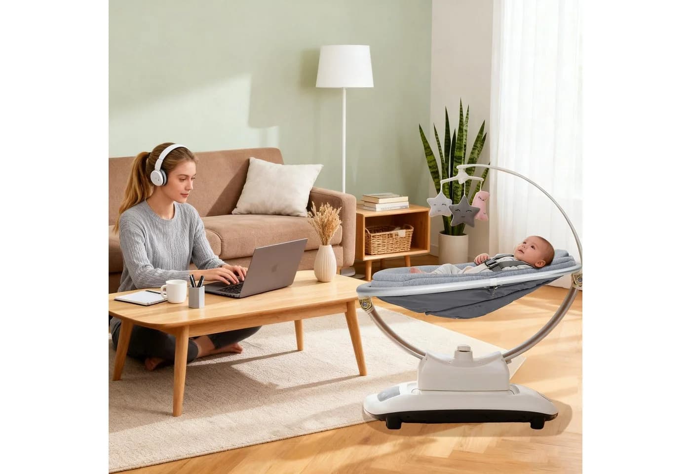 GarveeMore Elektrische Babyschaukel mit Spielzeugbügel, 5 Modi & Schlaflieder