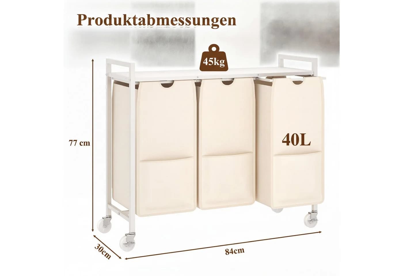 GarveeMore Wäschekorb 3 Fächer mit Ablage Beige/Weiß