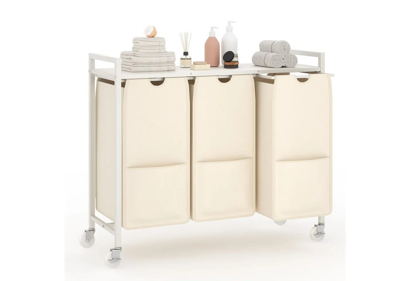GarveeMore Wäschekorb 3 Fächer mit Ablage Beige/Weiß - Bild 2