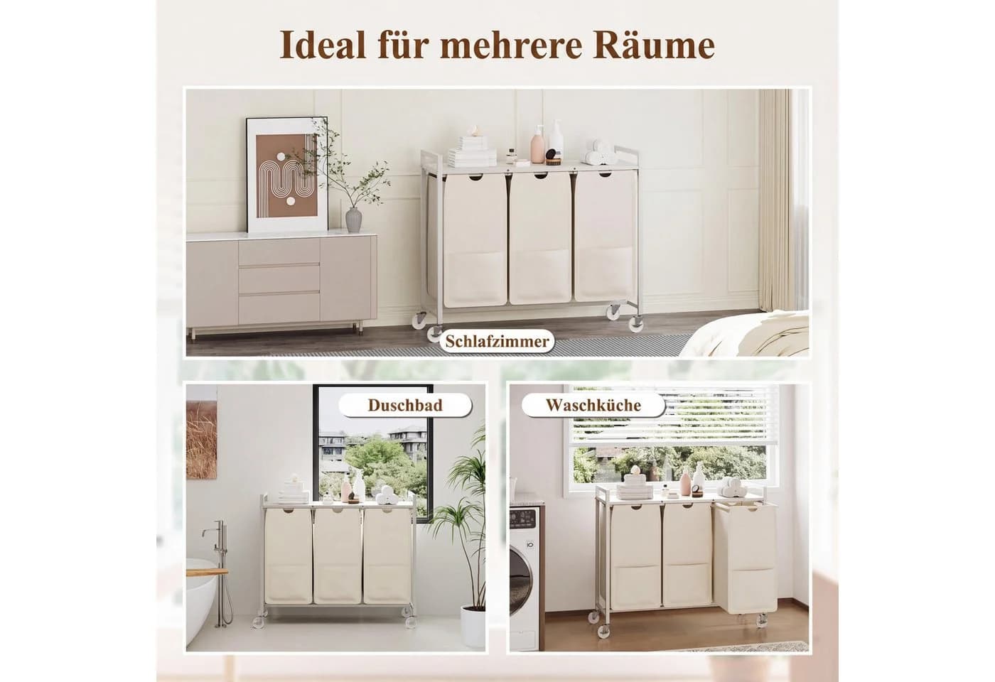 GarveeMore Wäschekorb 3 Fächer mit Ablage Beige/Weiß - Bild 4