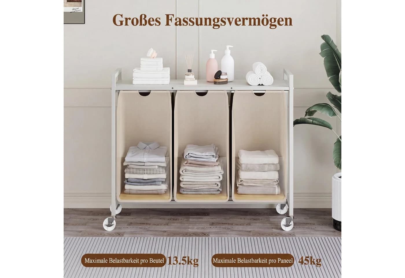 GarveeMore Wäschekorb 3 Fächer mit Ablage Beige/Weiß - Bild 5