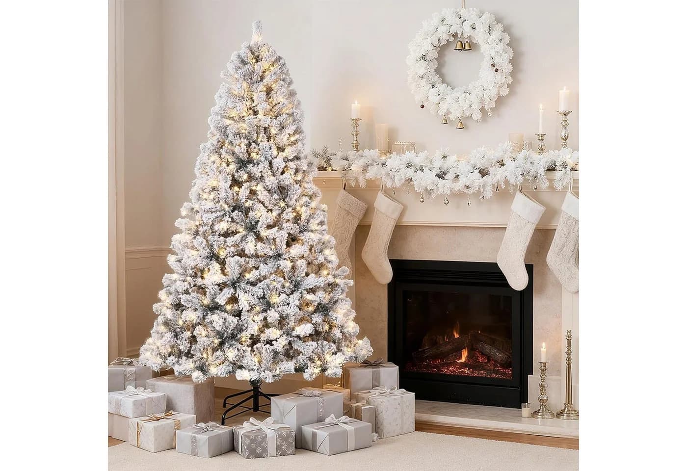 GarveeMore Künstlicher Weihnachtsbaum mit LED-Lichtern PVC Flockung