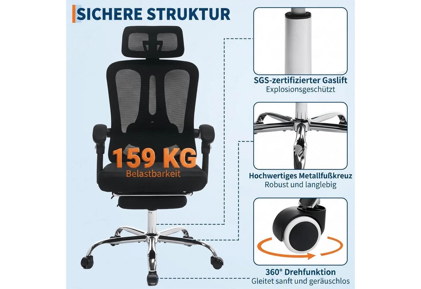 GarveeMore Bürostuhl Netzstoff Ergonomisch mit Lendenstütze - Bild 5