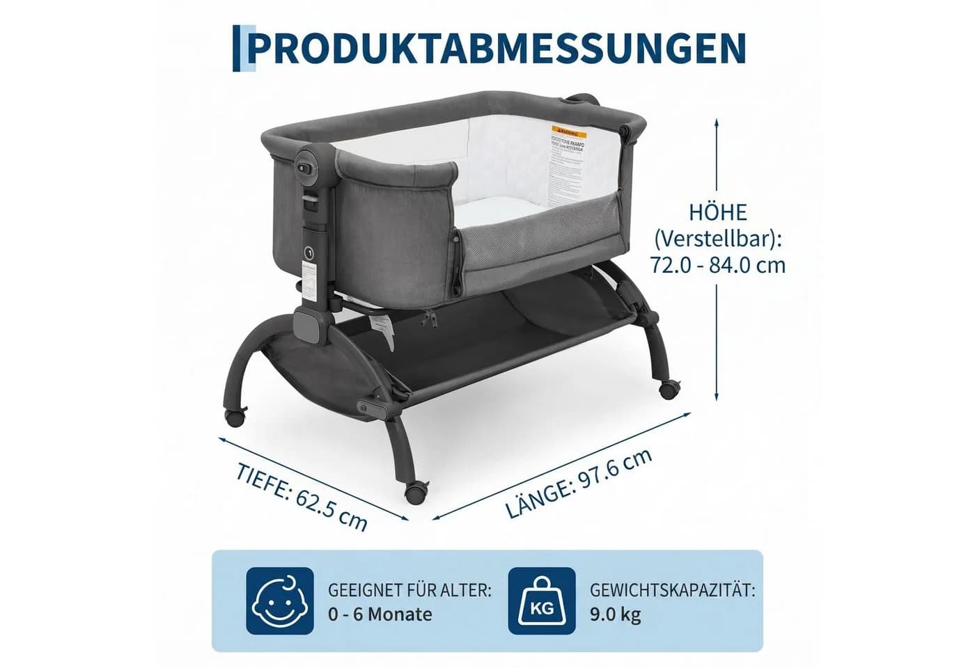 GarveeMore Beistellbett 3 in 1 Grau höhenverstellbar mit Anti-Reflux-Neigung - Bild 3