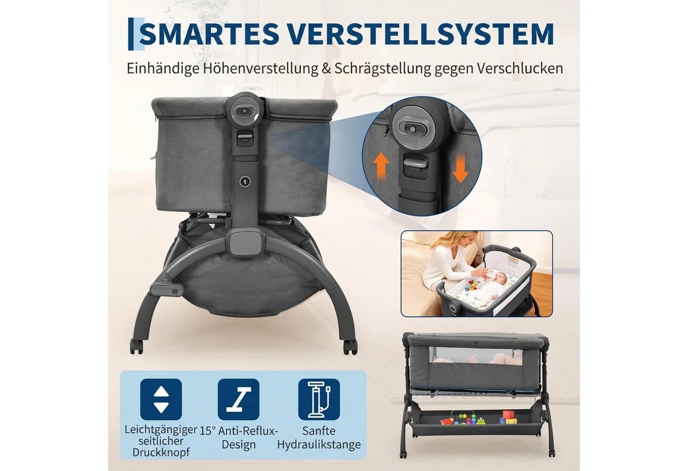 GarveeMore Beistellbett 3 in 1 Grau höhenverstellbar mit Anti-Reflux-Neigung - Bild 4