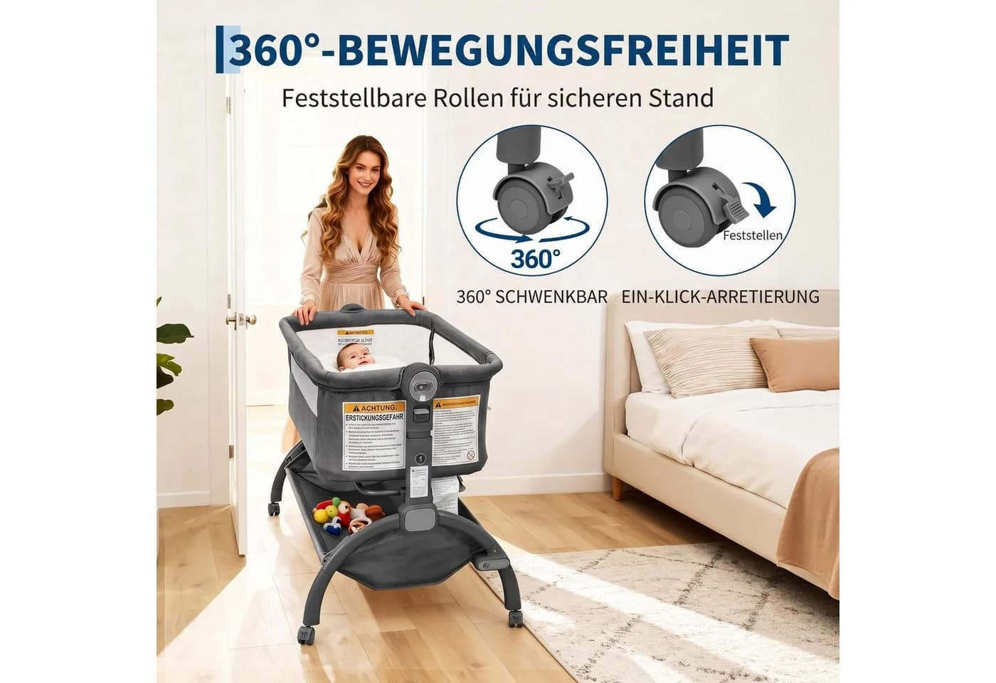 GarveeMore Beistellbett 3 in 1 Grau höhenverstellbar mit Anti-Reflux-Neigung - Bild 5