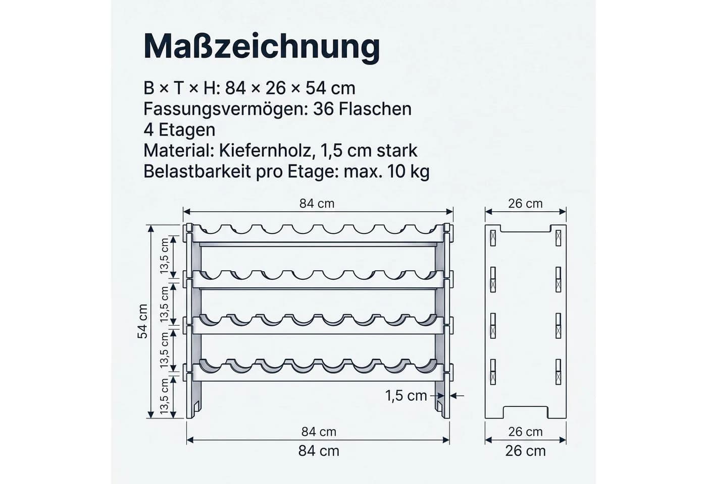 GarveeMore Weinregal aus massivem Kiefernholz, Natur, 4-12 Ebenen - Bild 4