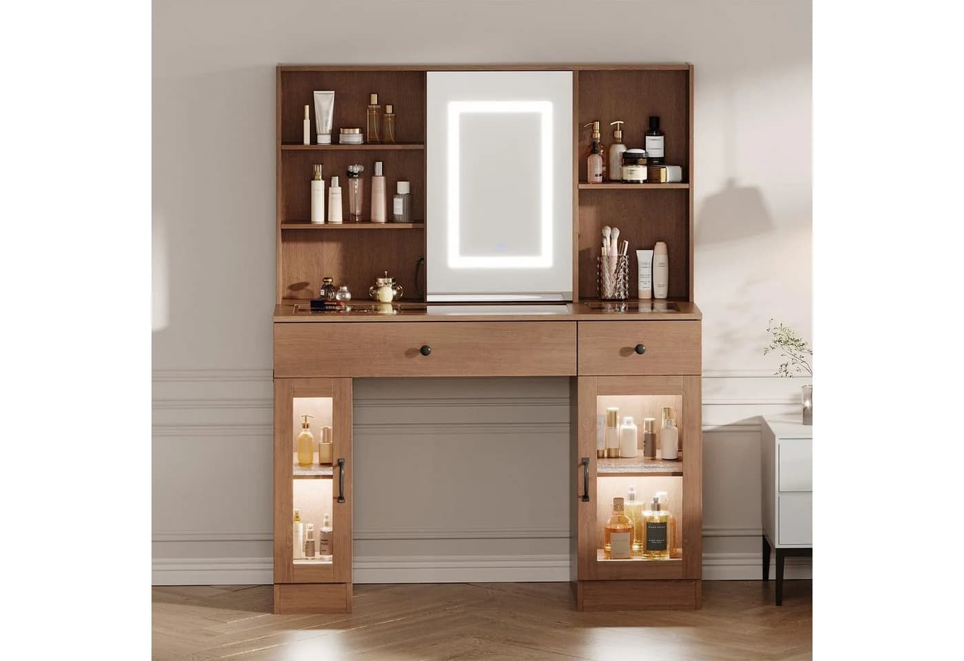 GarveeMore Schminktisch mit Schiebespiegel & LED Licht & Glasplatte