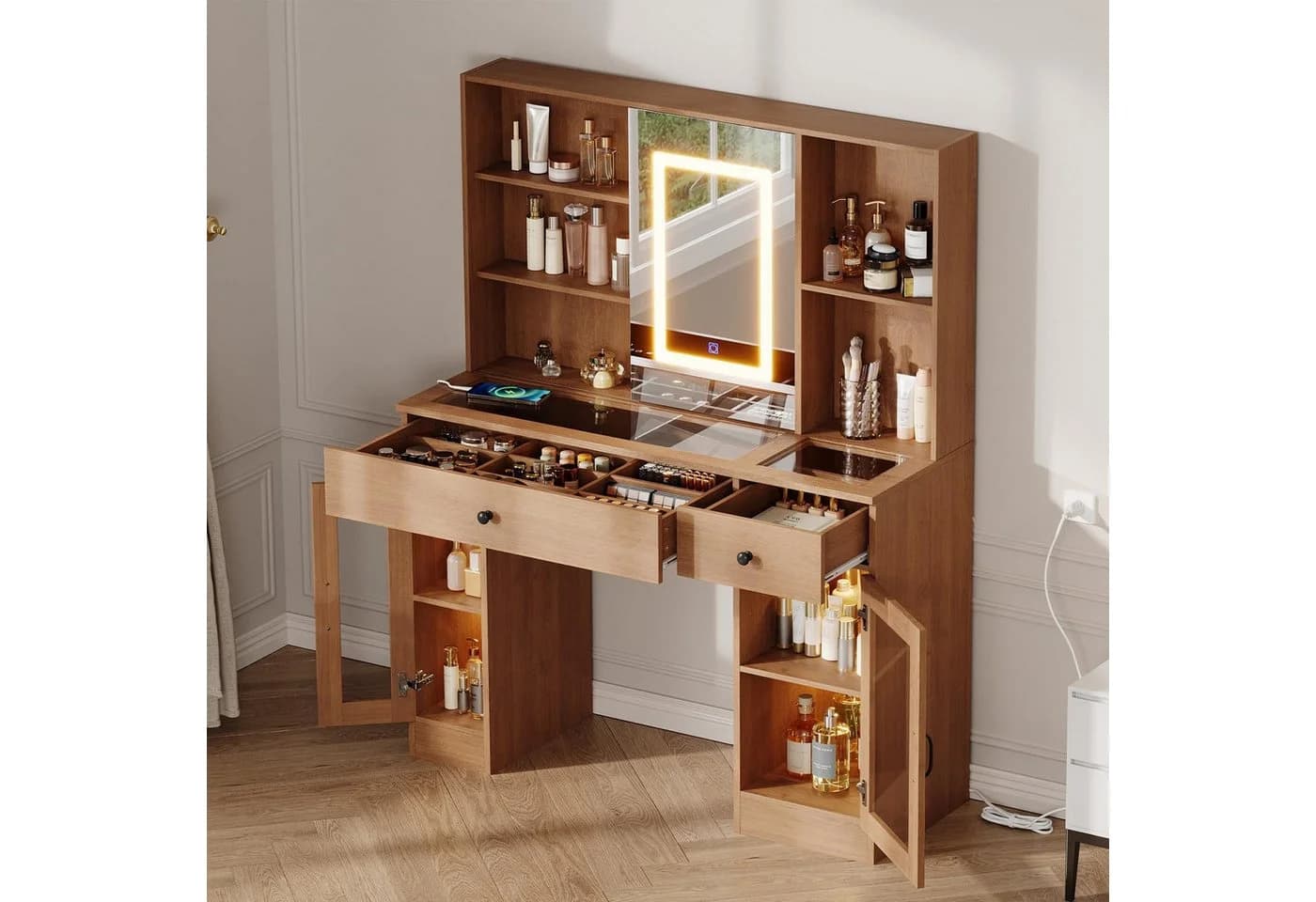 GarveeMore Schminktisch mit Schiebespiegel & LED Licht & Glasplatte - Bild 2