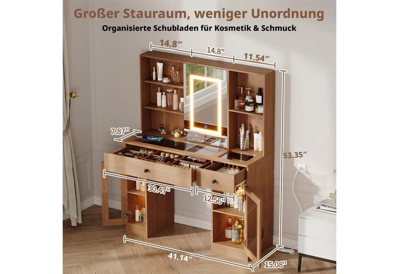 GarveeMore Schminktisch mit Schiebespiegel & LED Licht & Glasplatte - Bild 3