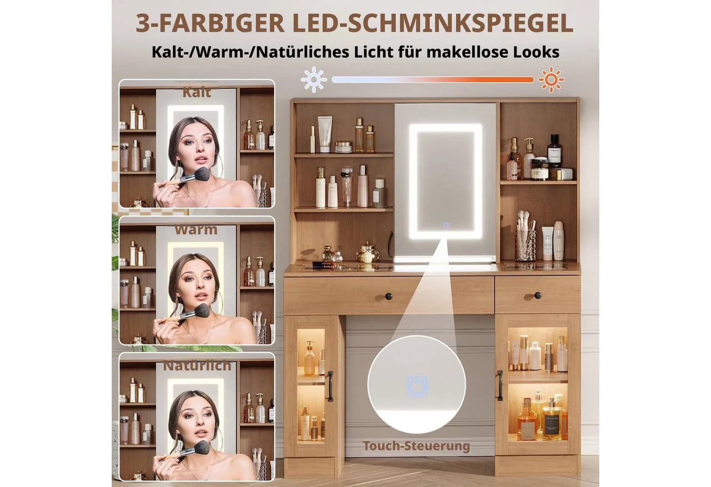 GarveeMore Schminktisch mit Schiebespiegel & LED Licht & Glasplatte - Bild 4