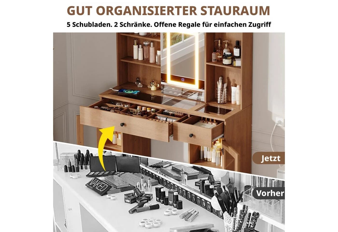 GarveeMore Schminktisch mit Schiebespiegel & LED Licht & Glasplatte - Bild 5
