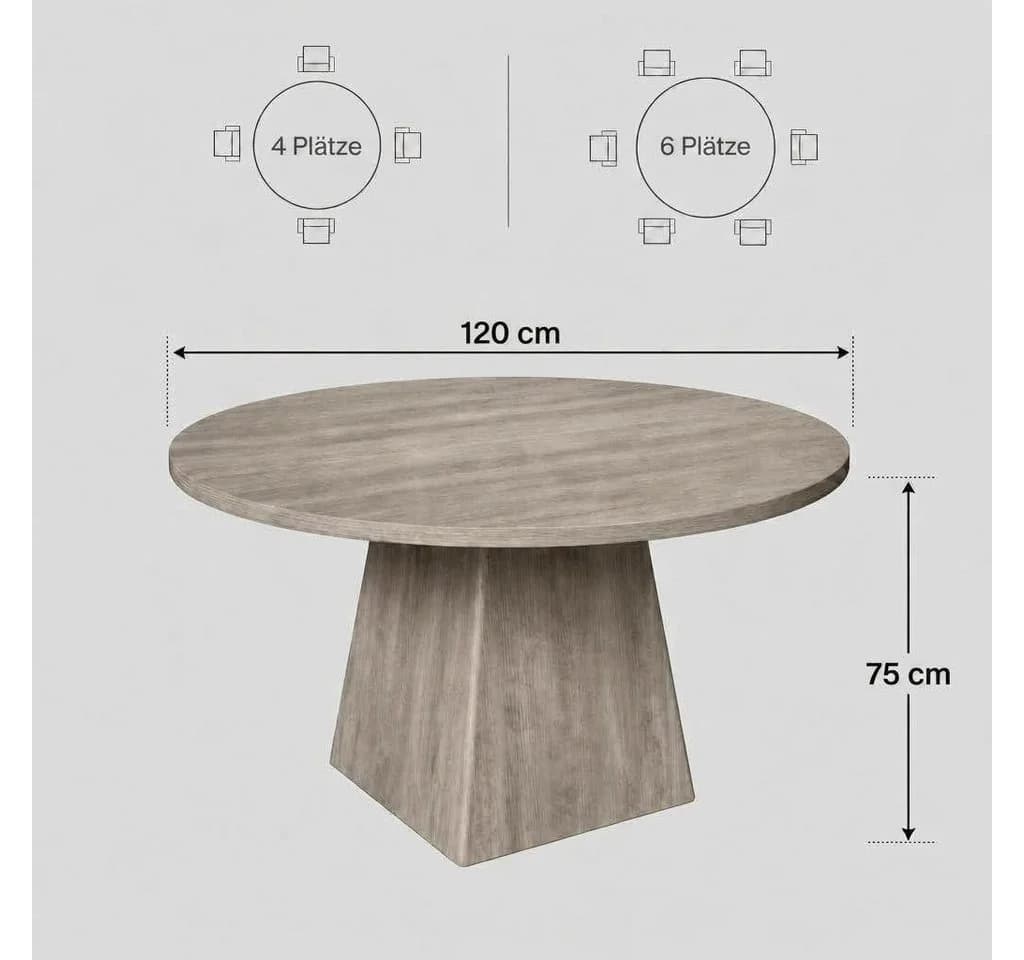 GarveeMore Runder Esstisch 120cm Grau Eichenoptik Säulenfuß