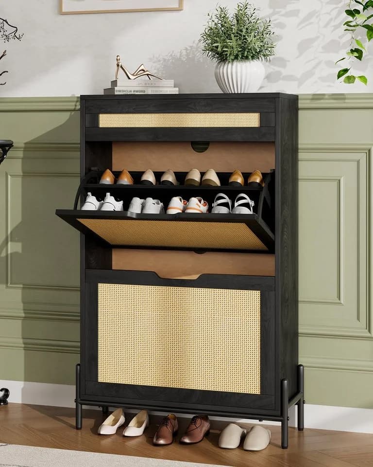 GarveeMore Schuhschrank Rattan-Optik verstellbare Böden Kippschutz