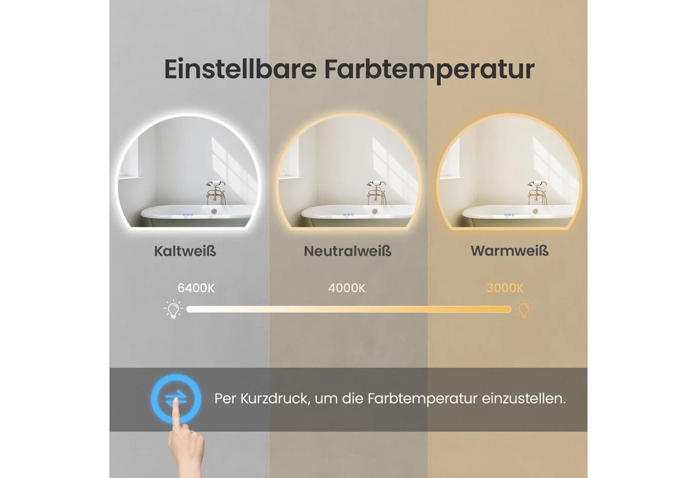 AQUALAVOS Badspiegel LED Halbrund 100x80cm Touch Beleuchtung - Bild 5