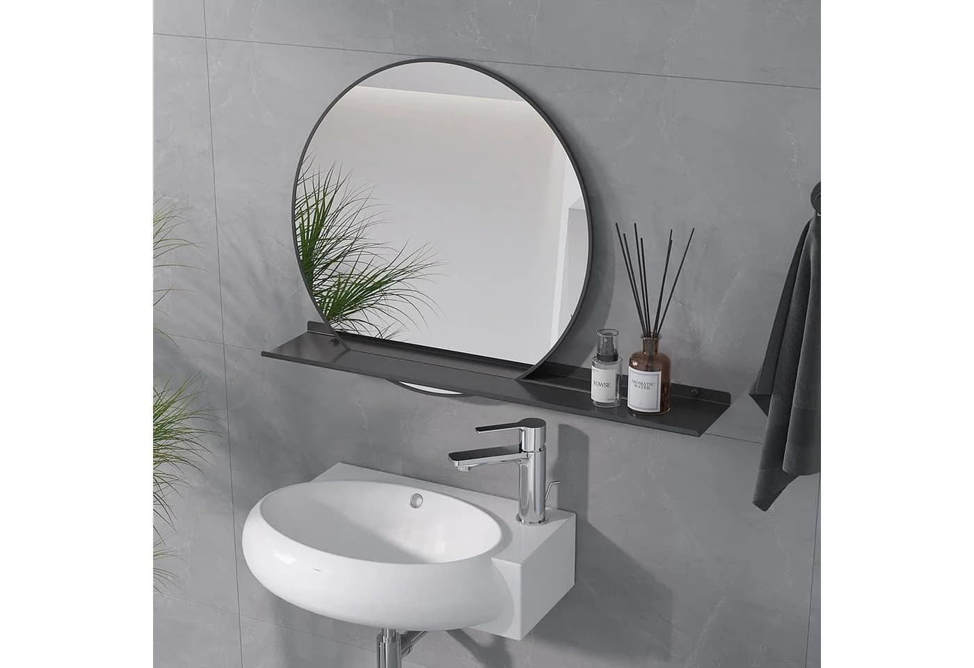 AQUALAVOS Runder Badspiegel 50 cm Schwarz Rahmen