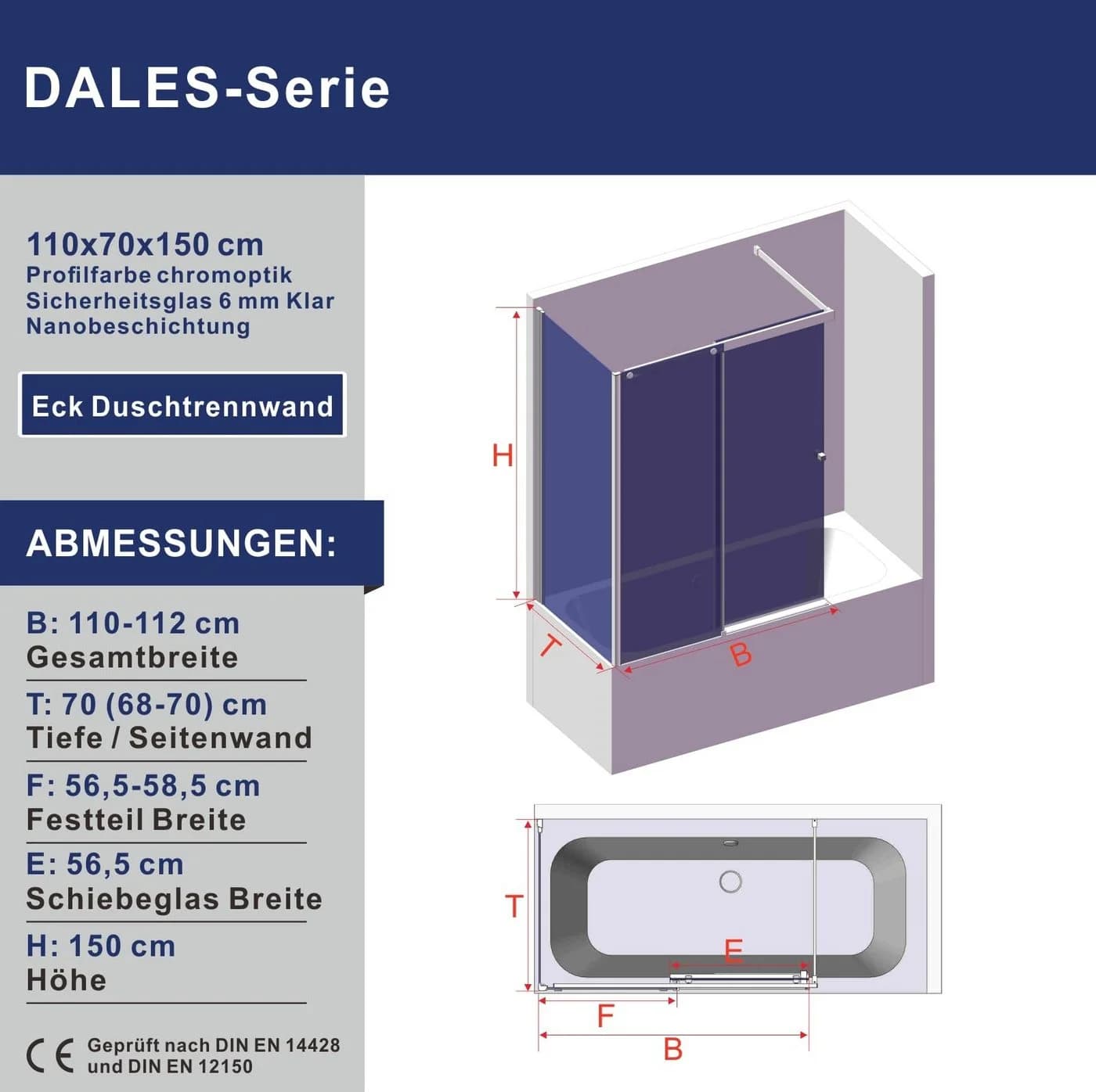 AQUALAVOS Badewannenaufsatz Duschabtrennung Eck Schiebetür 110x70x150cm - Bild 5