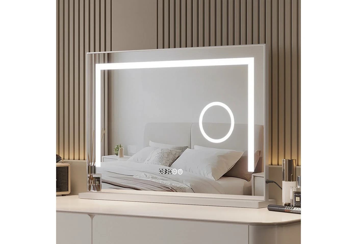 AQUALAVOS Kosmetikspiegel LED mit Beleuchtung, 3-fach Vergrößerung & Digitaluhr - Bild 1
