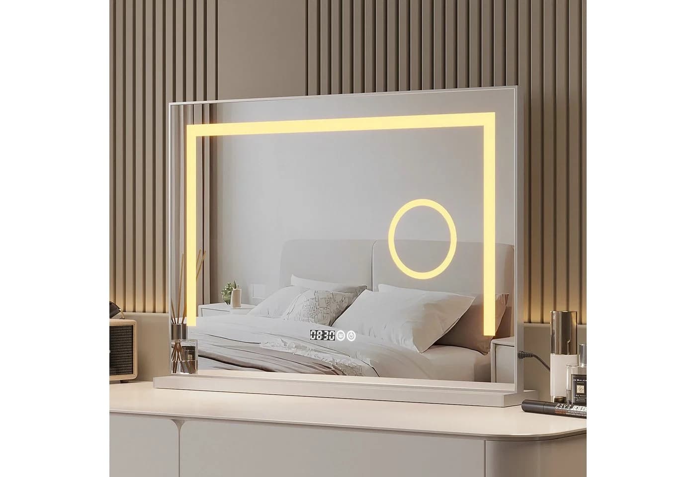 AQUALAVOS Kosmetikspiegel LED mit Beleuchtung, 3-fach Vergrößerung & Digitaluhr - Bild 2