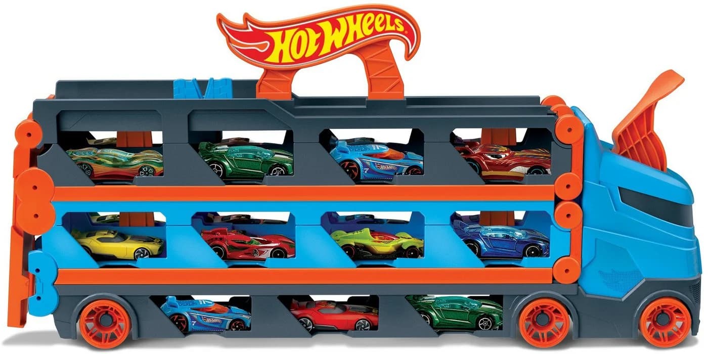 Hot Wheels 2-in-1 Rennbahn-Transporter mit drei Fahrzeugen