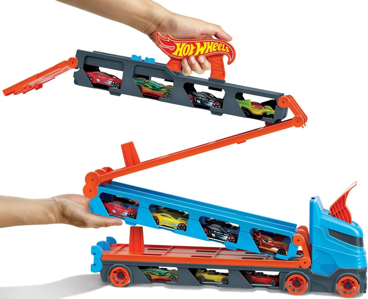 Hot Wheels 2-in-1 Rennbahn-Transporter mit drei Fahrzeugen - Bild 3