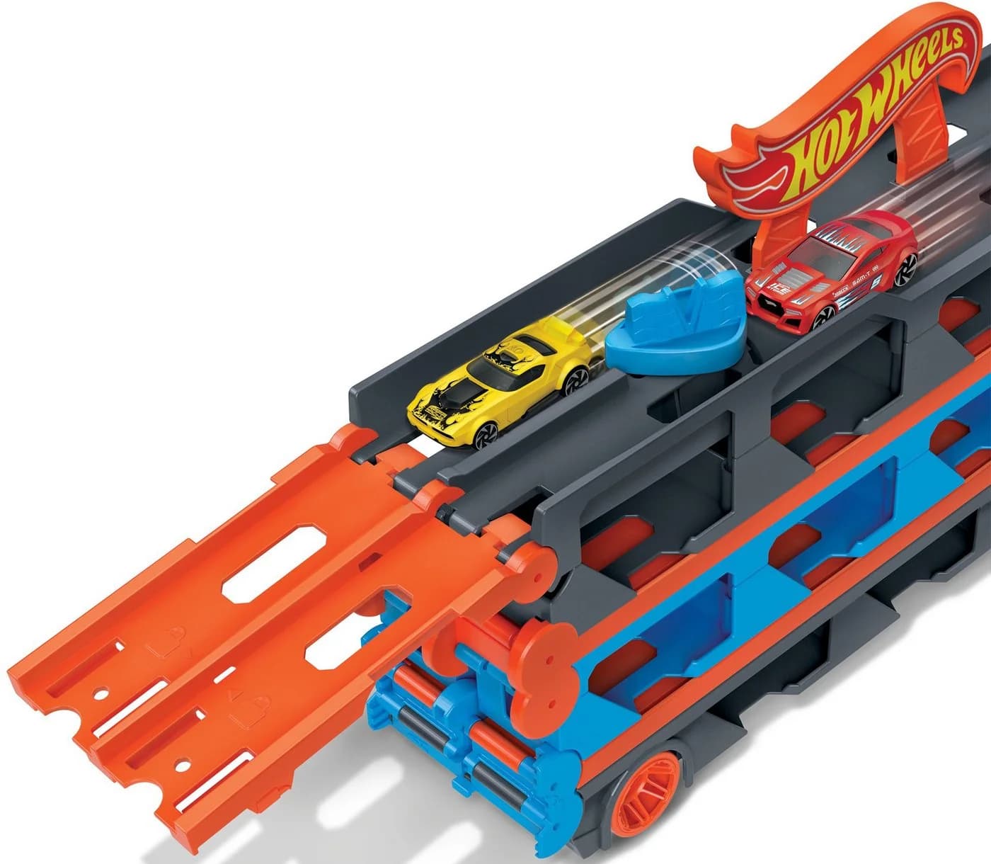 Hot Wheels 2-in-1 Rennbahn-Transporter mit drei Fahrzeugen - Bild 5