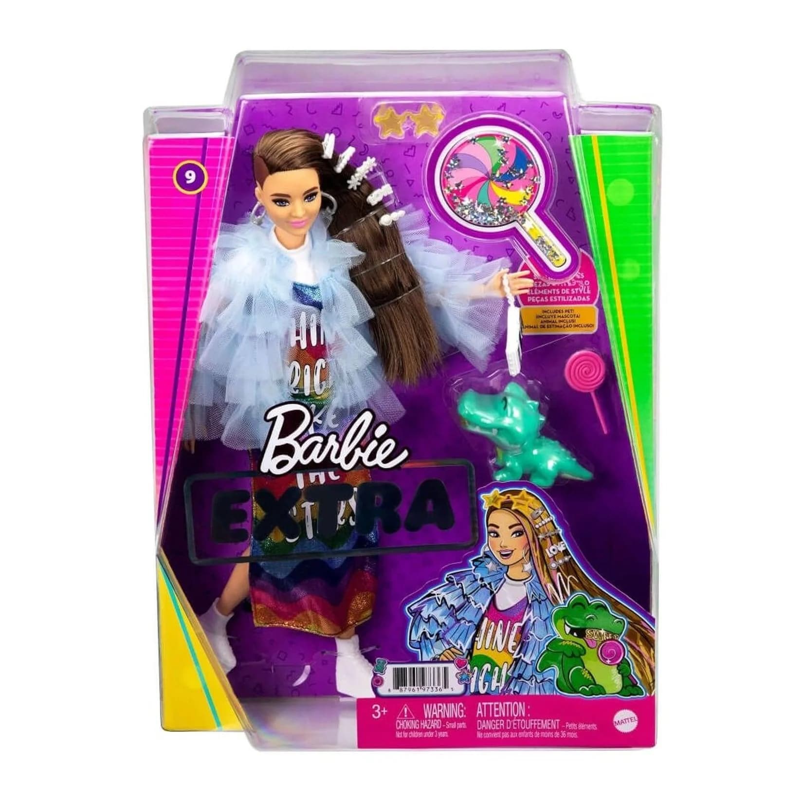 Barbie Extra Puppe im Regenbogenkleid mit glitzernden Clips